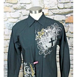 LANZINO Men's Shirt Black Embroidered Legend with Rhinestone 90's All Cotton L